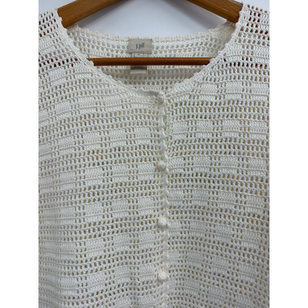 J. Jill Crochet Knit Cardigan Top XL Off White Ivory Short Sleeve Button Front - Picture 7 of 7